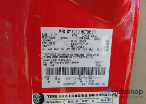 2009 Ford F-150 Fx4/King Ranch/Lariat/Platinum/Xl/Xlt from USA, damaged, VIN 1FTPW14V89FA40684